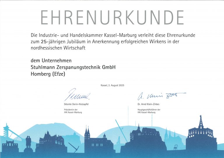 Ehrenurkunde der IHK Kassel-Marburg für die Firma Stuhlmann 2025
