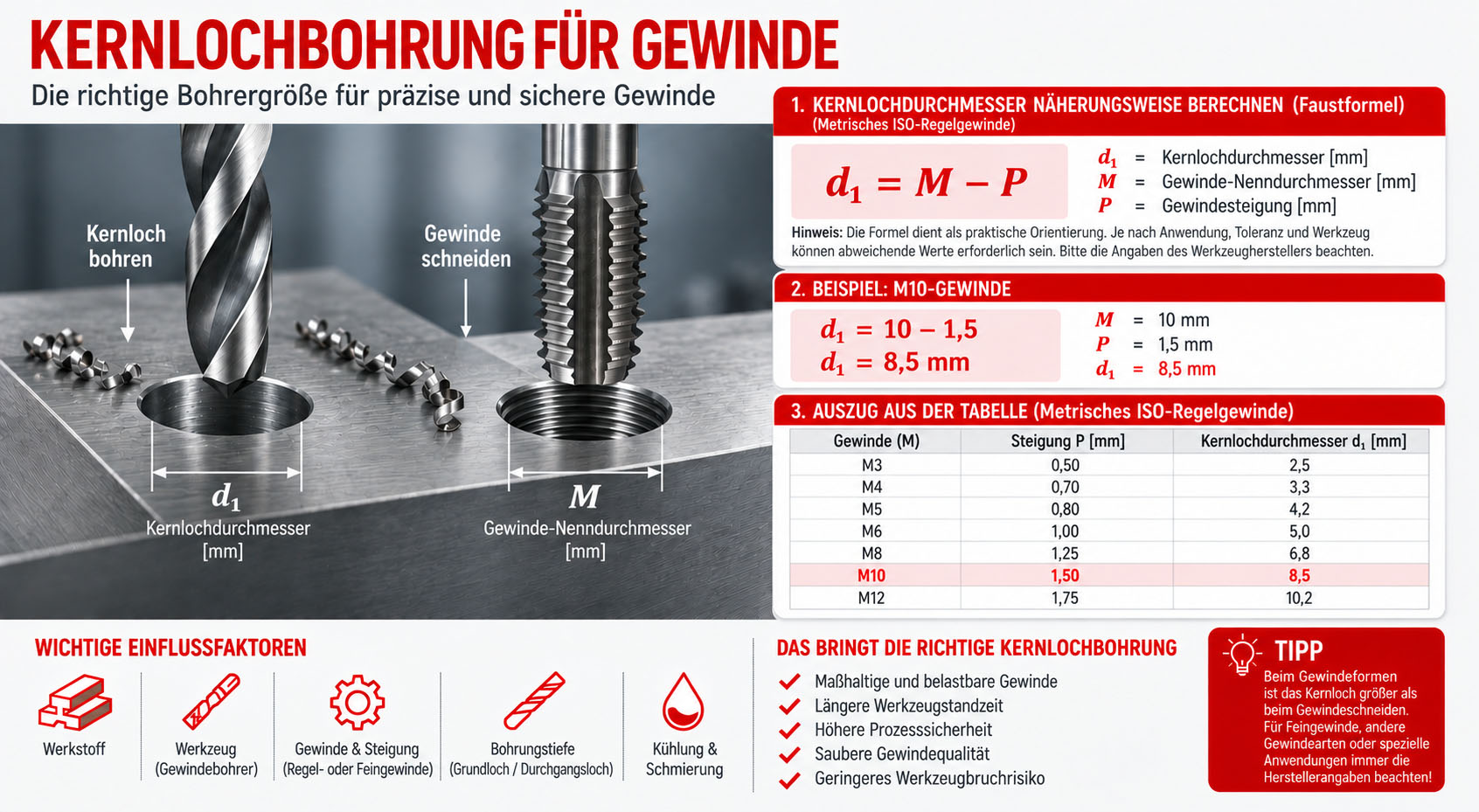 Kernlochbohrung für Gewinde richtig bestimmen: Tabelle für M2 bis M30, Faustformel, Steigungen und Tipps zum Gewindeschneiden.