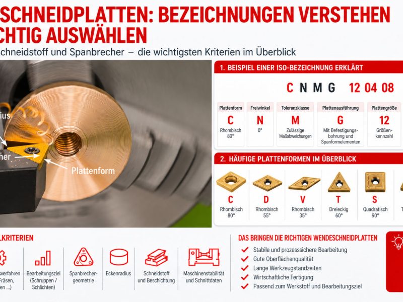 Die Infografik zeigt den Aufbau der ISO-Bezeichnung von Wendeschneidplatten, die gängigsten Plattenformen sowie wichtige Kriterien für die Auswahl der richtigen Schneidplatte.